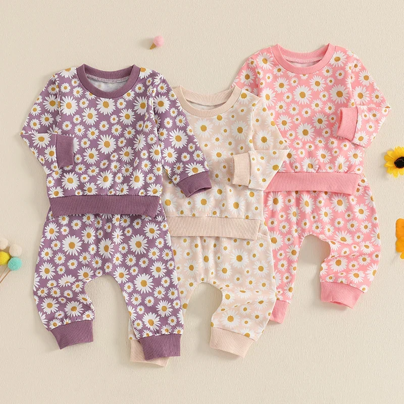 Casual Baby Toddler Girls 2Pcs Fall Outfit Daisy Flower Print Long Sleeve Crewneck Top and Elastic Pants Jogger SetSPECIFICATIONS Durable