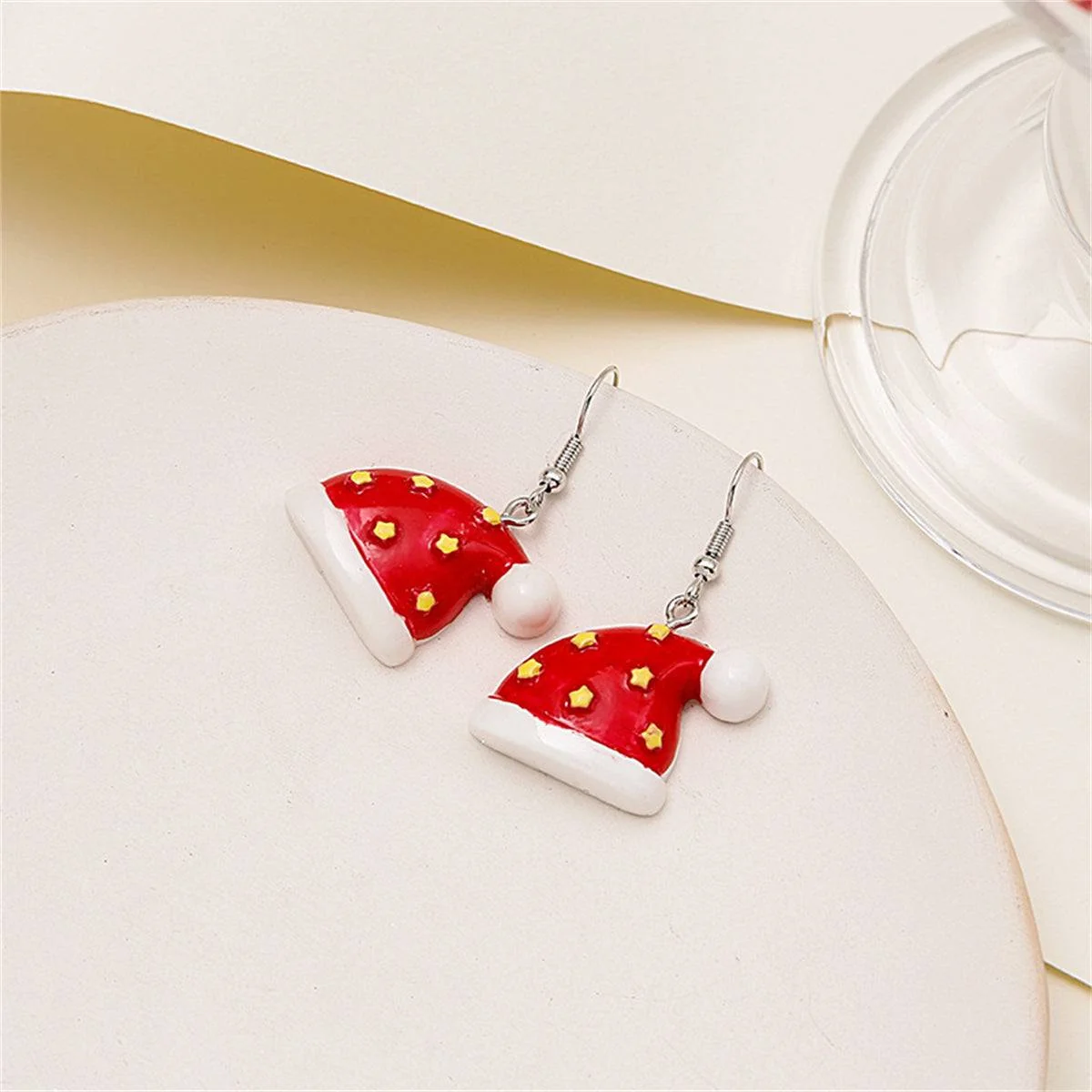 Specialty Red Resin Silvertone Christmas Hat Drop Earrings Exclusive