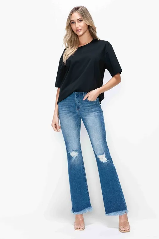 Unique DBLCLK Women's Full Size Raw Hem Distressed High Rise Bootcut Jeans Optimized