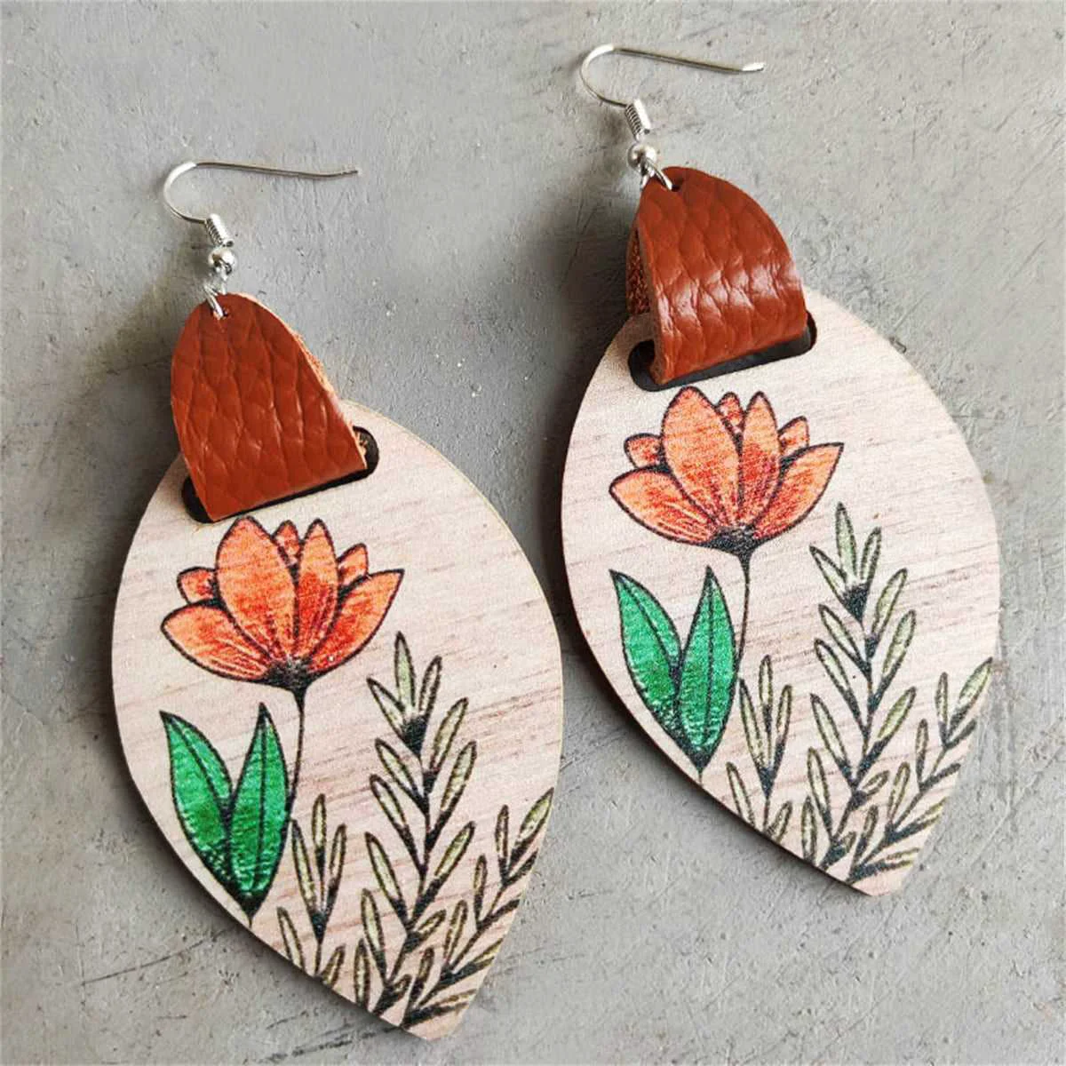 Crafted Brown Wood Silvertone Tulip Drop Earrings Prestigious