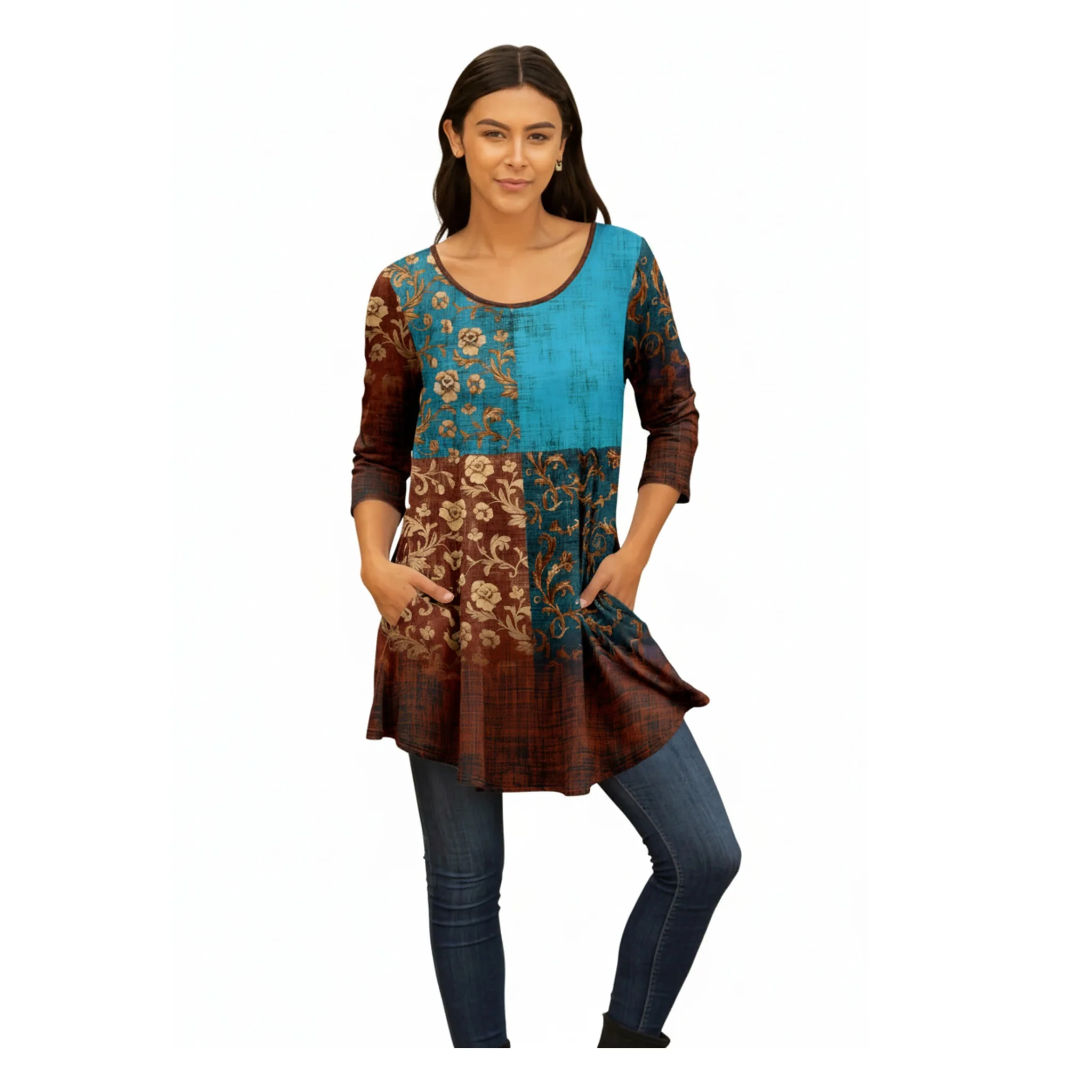 Functional Lily by Firmiana Women's Round Hem Tunic with ¾ Length Sleeves and Side Pockets Blue and Brown Tapestry Gradient First-Class