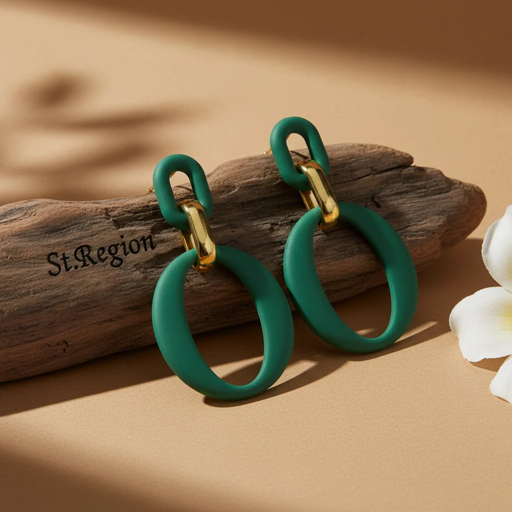 Sophisticated Dark Green Enamel Goldtone Openwork Oval Drop Earrings Solid
