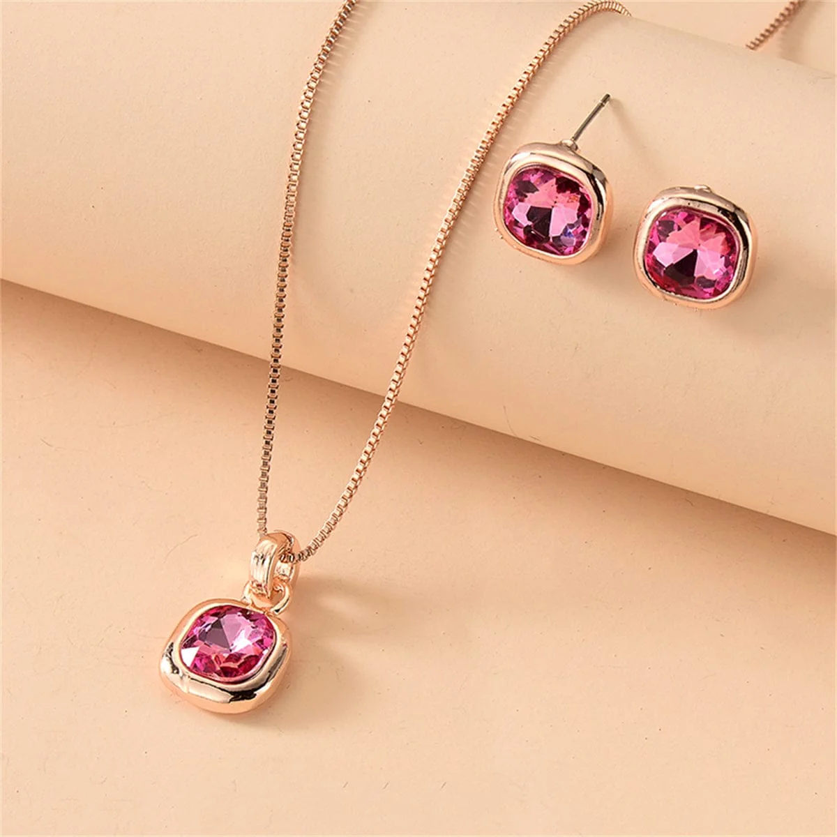 Traditional Rose Crystal Rose Goldtone Cushion Pendant Necklace Set Superior