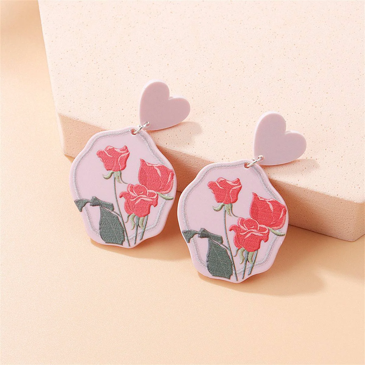 Crafted Pink Green Heart Rose Drop Earrings Excellent