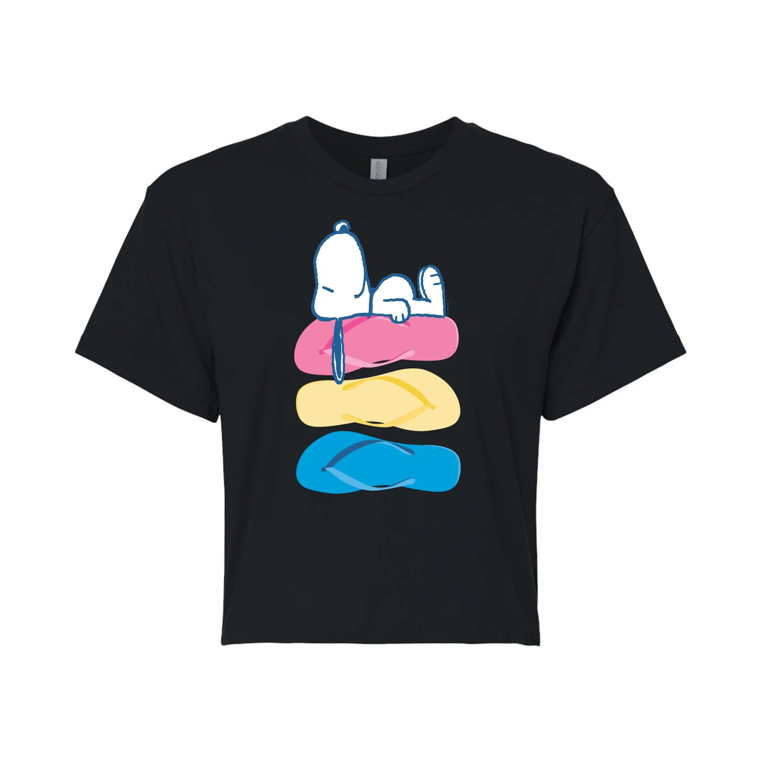 Organic Peanuts - Summer Edition - Snoopy Flip Flops - Juniors Cropped Cotton Blend T-Shirt Crafted