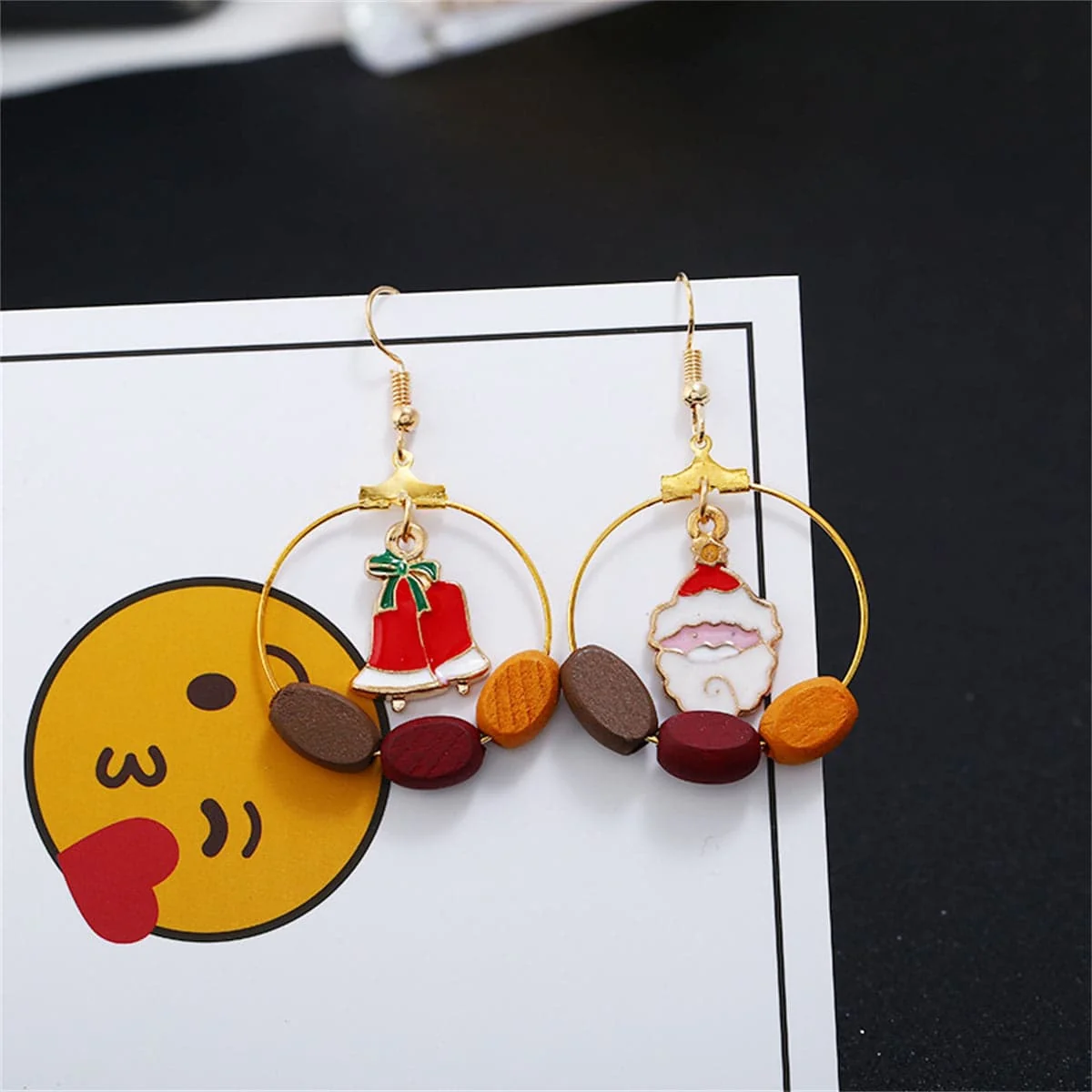Breathable Red Wood Santa Bell Circle Drop Earrings Expertly Made