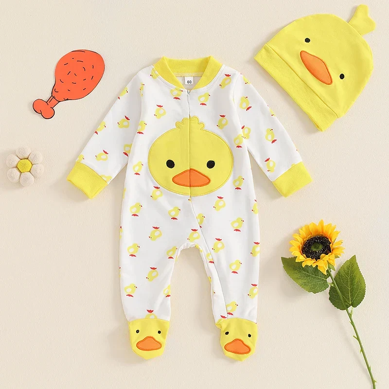 Classic Baby Boys Girls 2Pcs Duck Outfit Long Sleeve Full Length Footed Jumpsuit Romper Duck Hat SetSPECIFICATIONS Exclusive