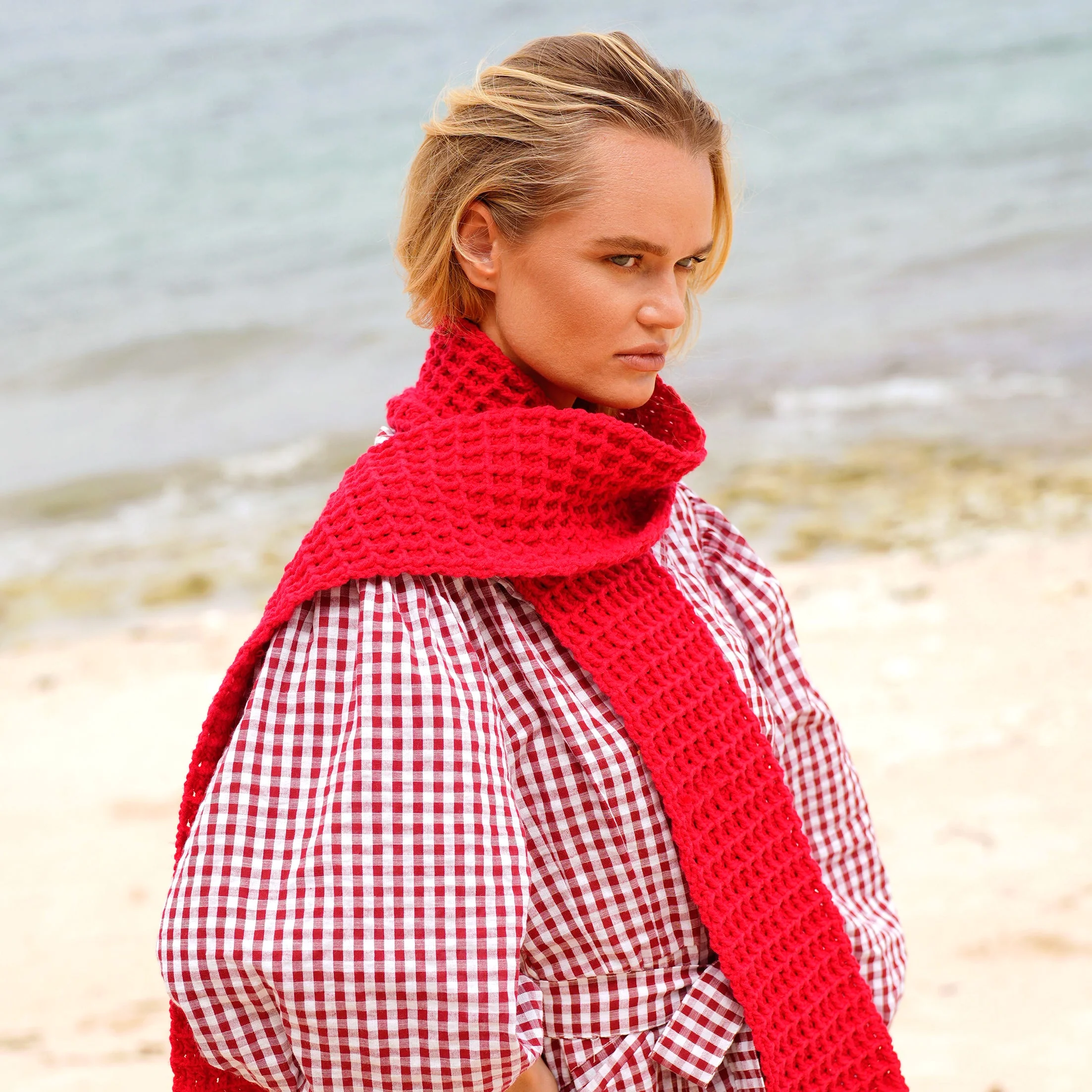 Verified WAFFLE Crochet Scarf in Red Selected