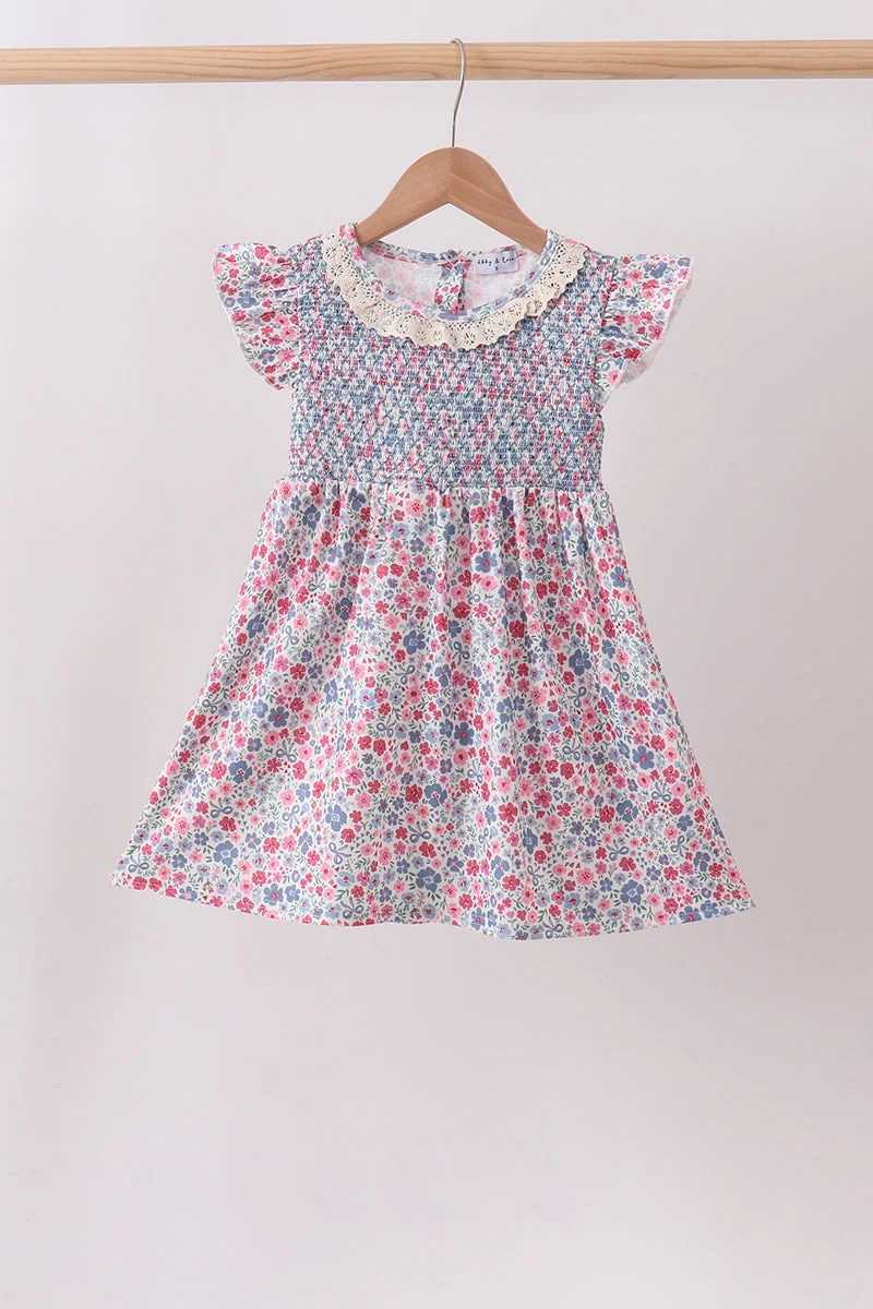Green Blue Floral Smocked Ruffle Dress Smart