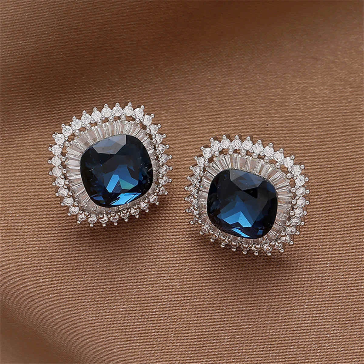 Authentic Blue Crystal Cubic Zirconia Square Hola Stud Earrings Fashionable