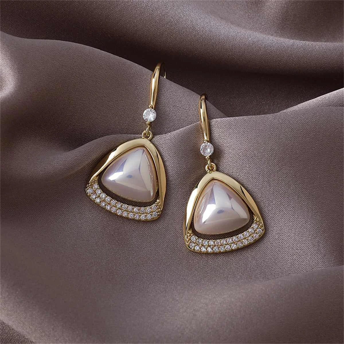 Traditional Pearl Cubic Zirconia Goldtone Open-Triangle Drop Earrings Verified