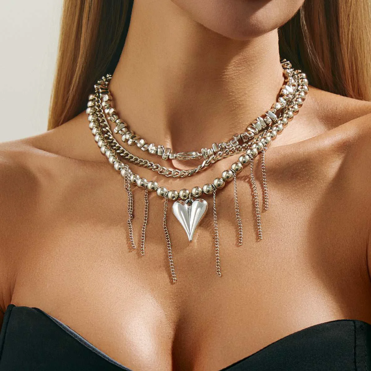 Specialty Silvertone Beaded Chain Heart Pendant Tassel Layered Necklace Contemporary