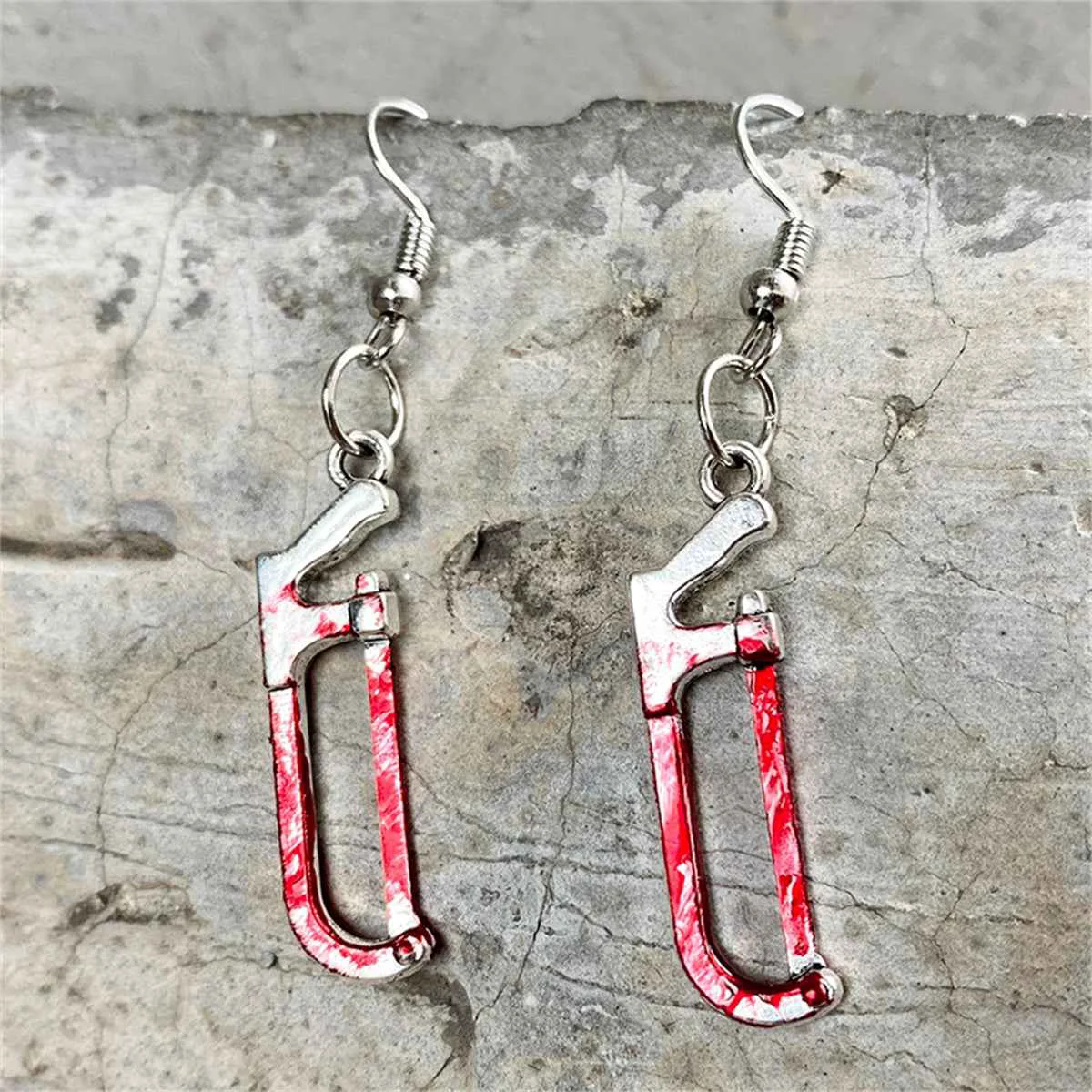Contemporary Red Enamel Silvertone Saw Drop Earring Specialty