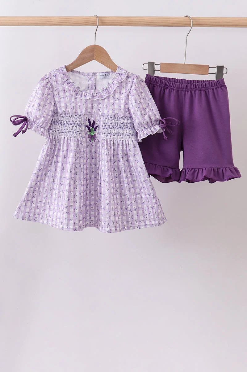 Practical Lavender Floral Smocked Ruffle Shorts Set Exceptional