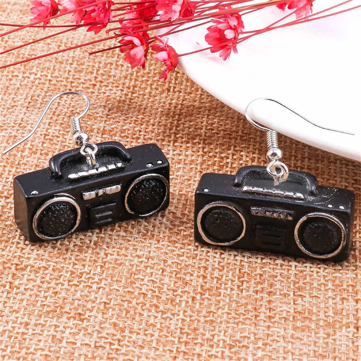 Convenient Black Enamel Silvertone Radio Drop Earrings Refined