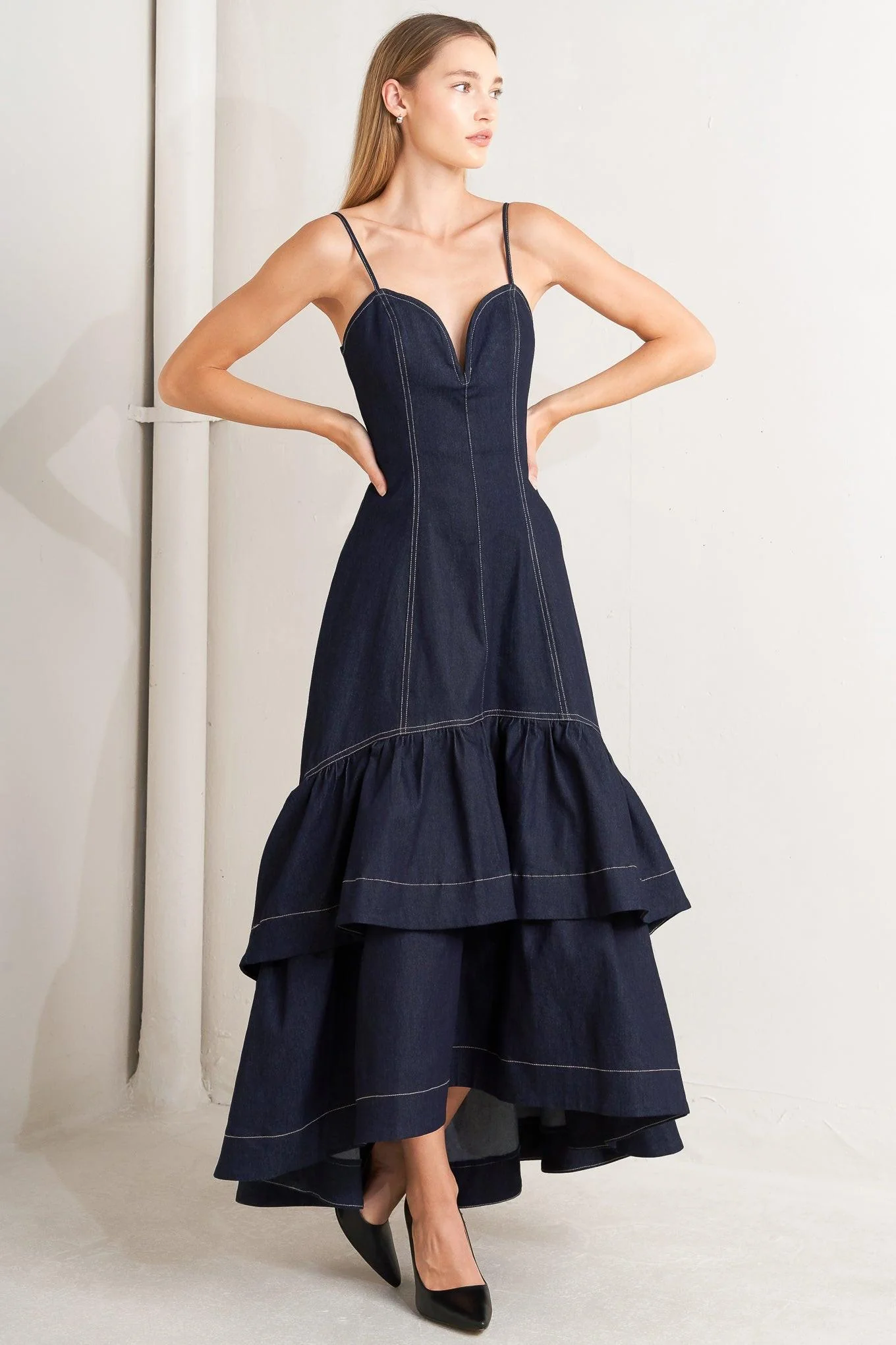 Convenient Raw Elegance Denim Midi Dress Clean