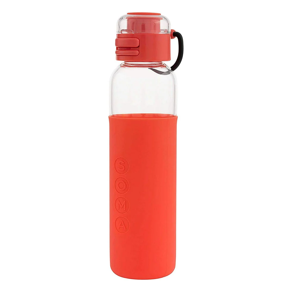 Flexible Soma Glass Water Bottle With Silicone Sleeve Sport Cap Coral 17 Oz Certified