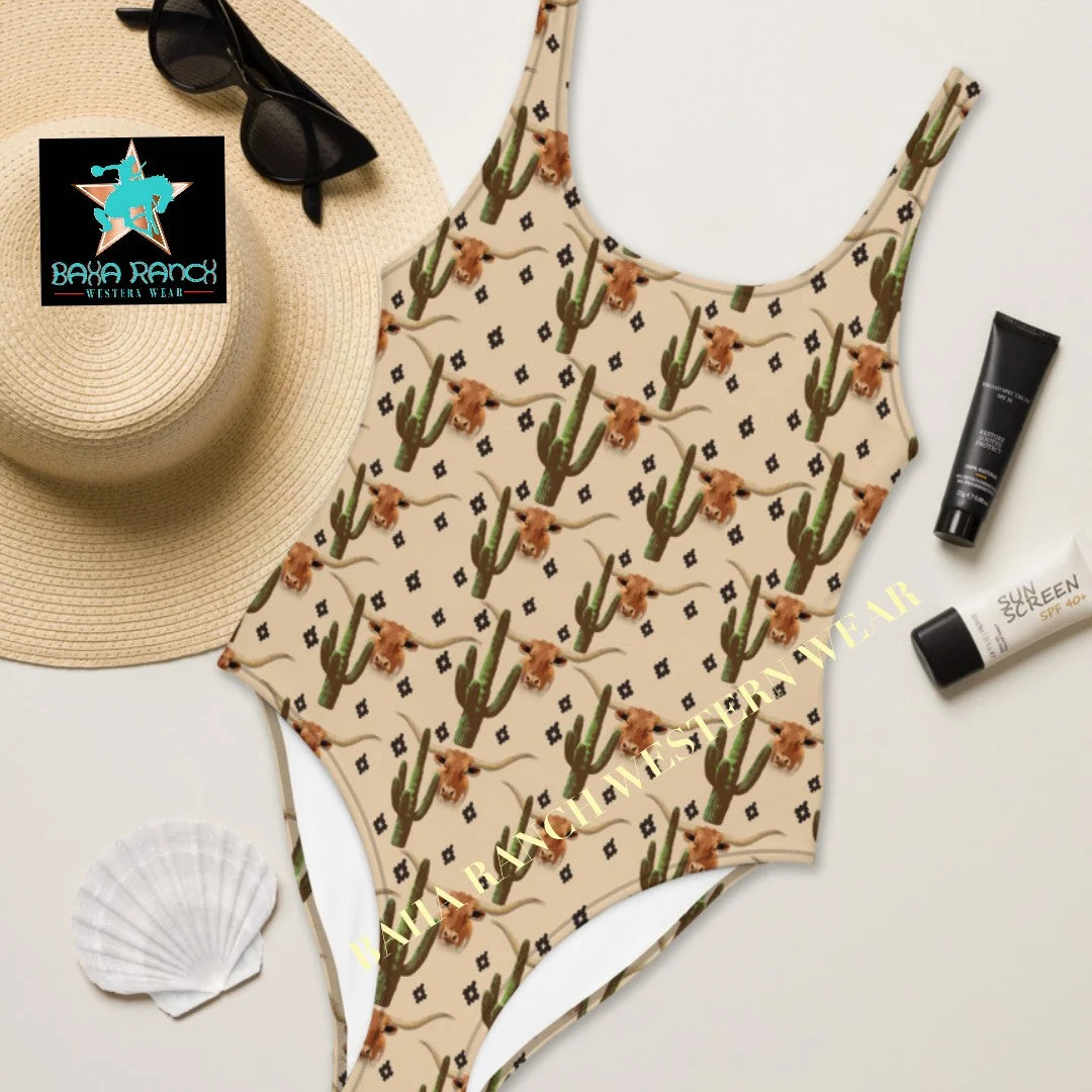 Green Yeehaw Longhorn Ranch Cactus One-Piece Swimsuit Exclusive