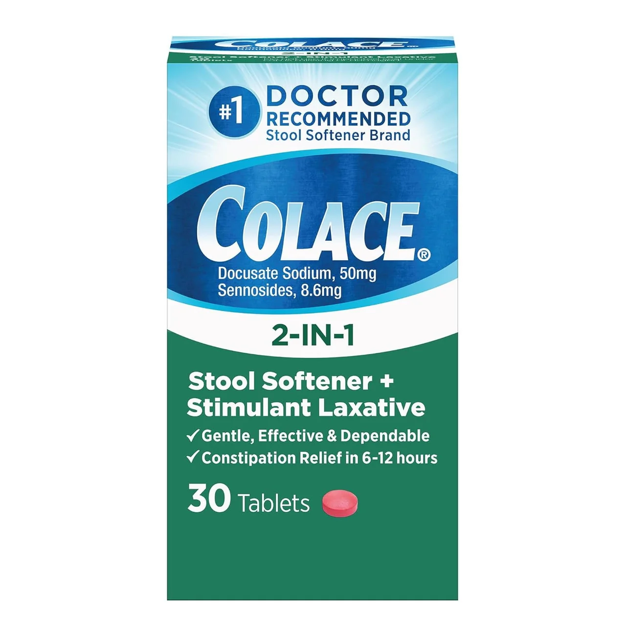 Secure Colace 2 in 1 Stool Softener and Stimulant Laxative Tablets 30 Ea Natural