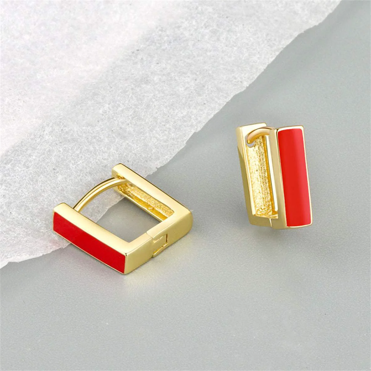 Detailed Red Enamel Goldtone Square Huggie Earrings Artisan