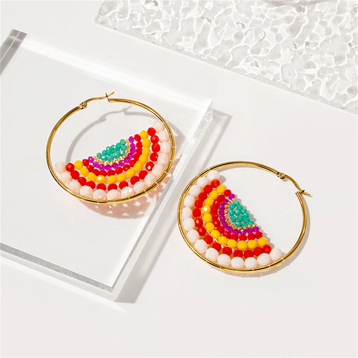 Authentic Yellow Acrylic Goldtone Melon Bead-Detail Hoop Earrings Detailed