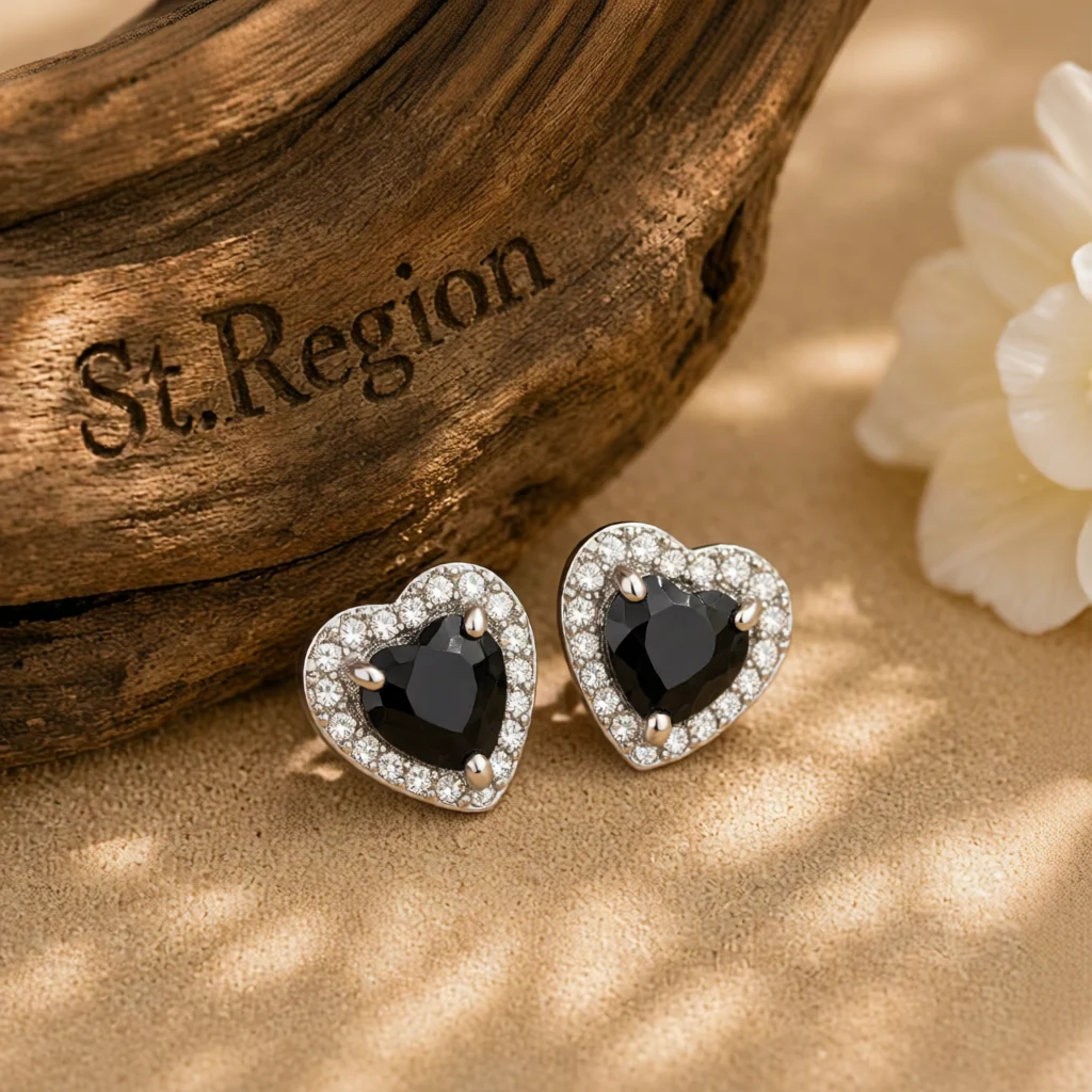 Certified Black Crystal Cubic Zirconia Silvertone Halo Heart Stud Earrings Luxury