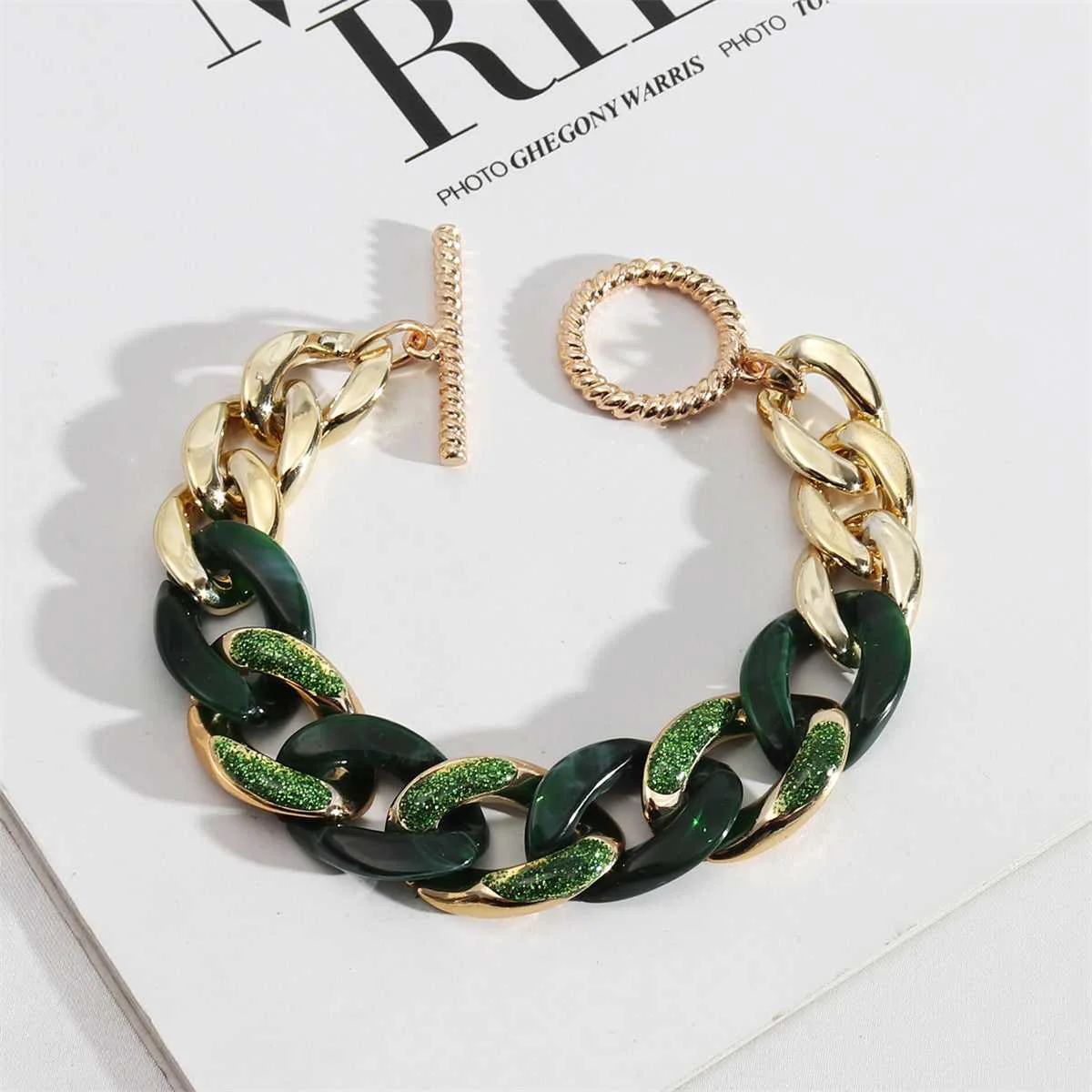 Specialty Green Resin Enamel Goldtone Curb Chain Bracelet Versatile