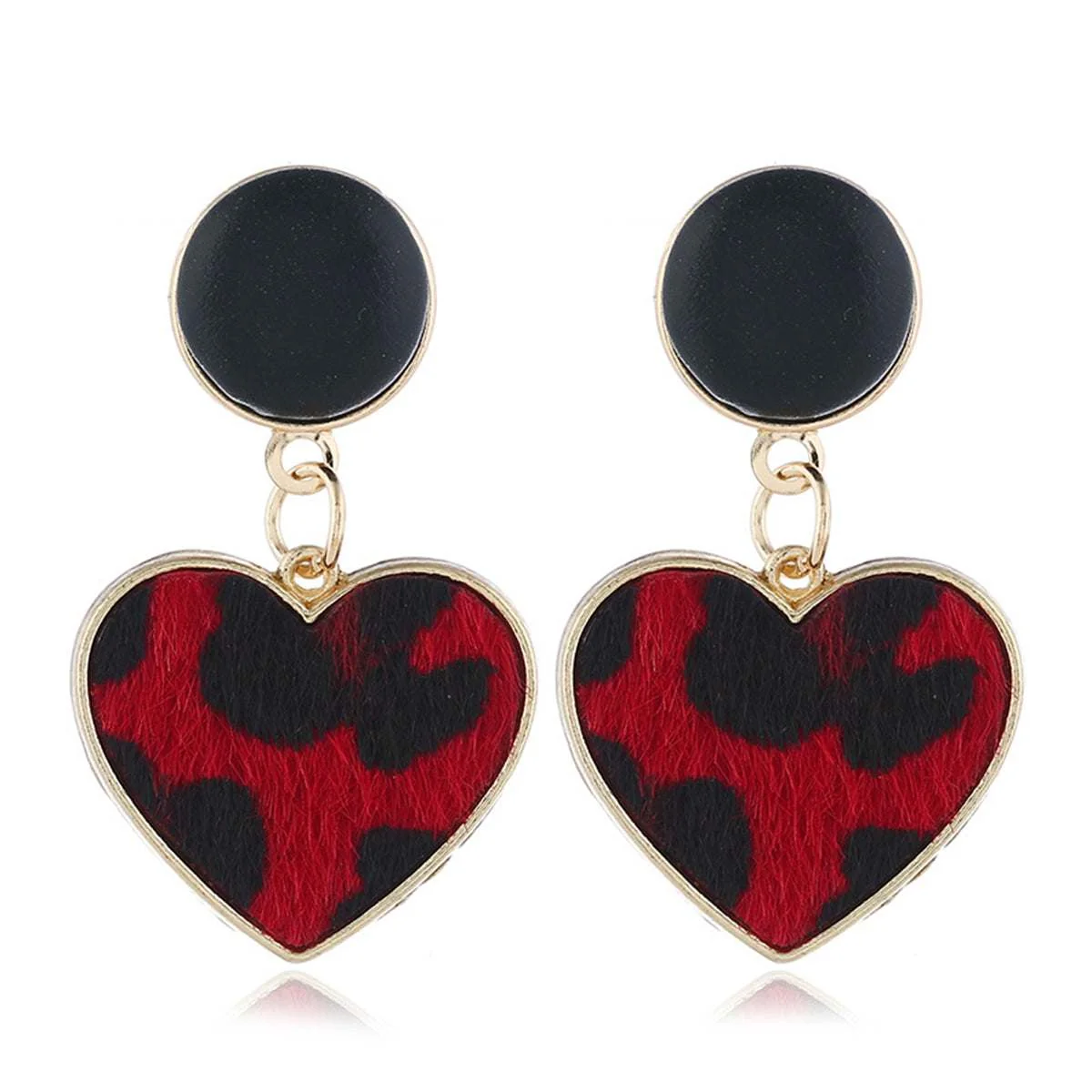 Contemporary Red Gabardine Goldtone Leopard-Print Heart Leather Drop Earrings World-Class
