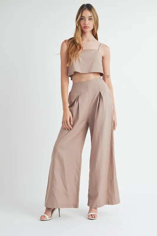 Unique DBLCLK Women's Linen Mix Crop Cami and Wide Leg Pants Set Safe