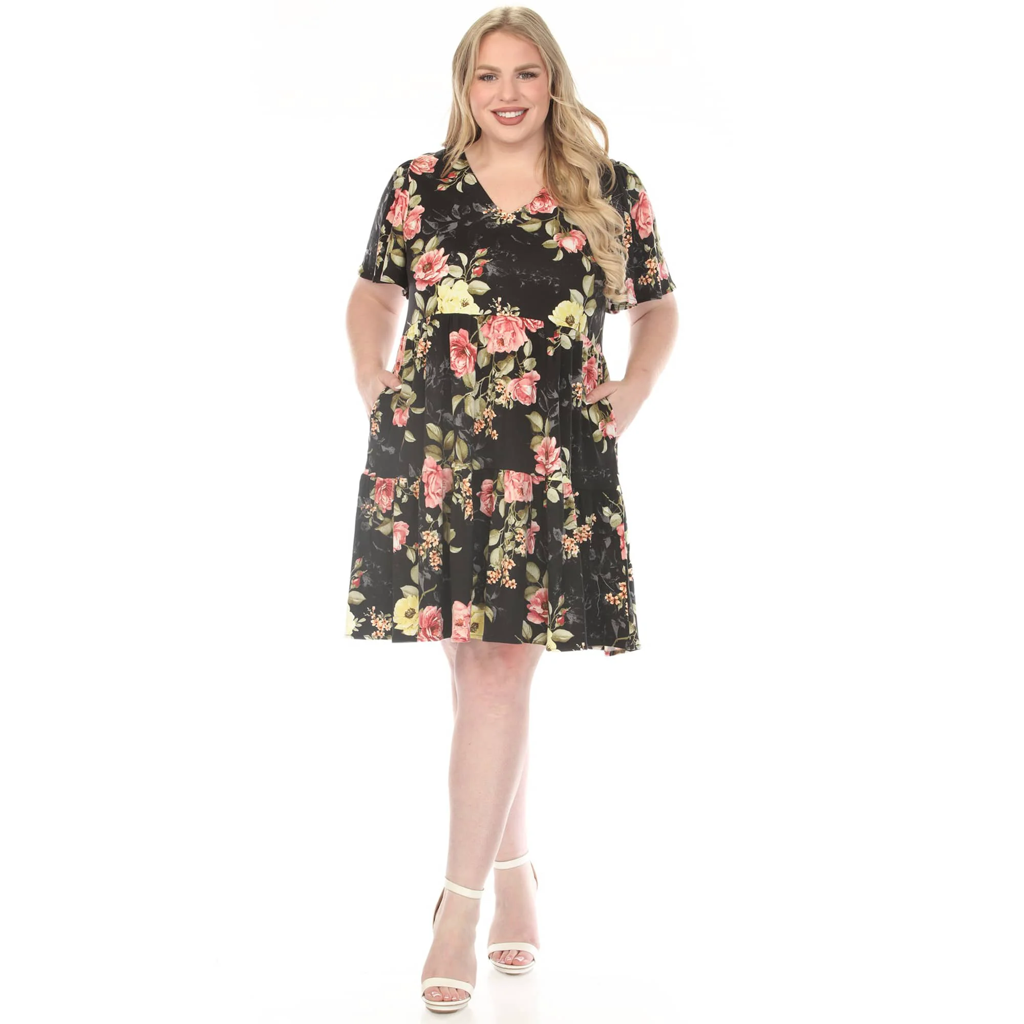 High-End Women's Plus Size V-Neck Tropical Flower Short Sleeve Dress Convenient