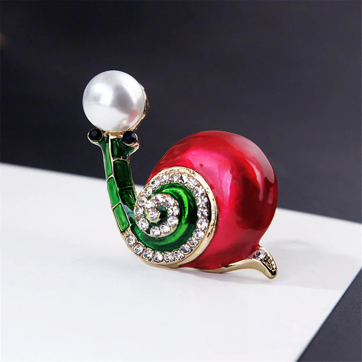 First-Class Pearl Cubic Zirconia Enamel Goldtone Snail Brooch Top-Quality