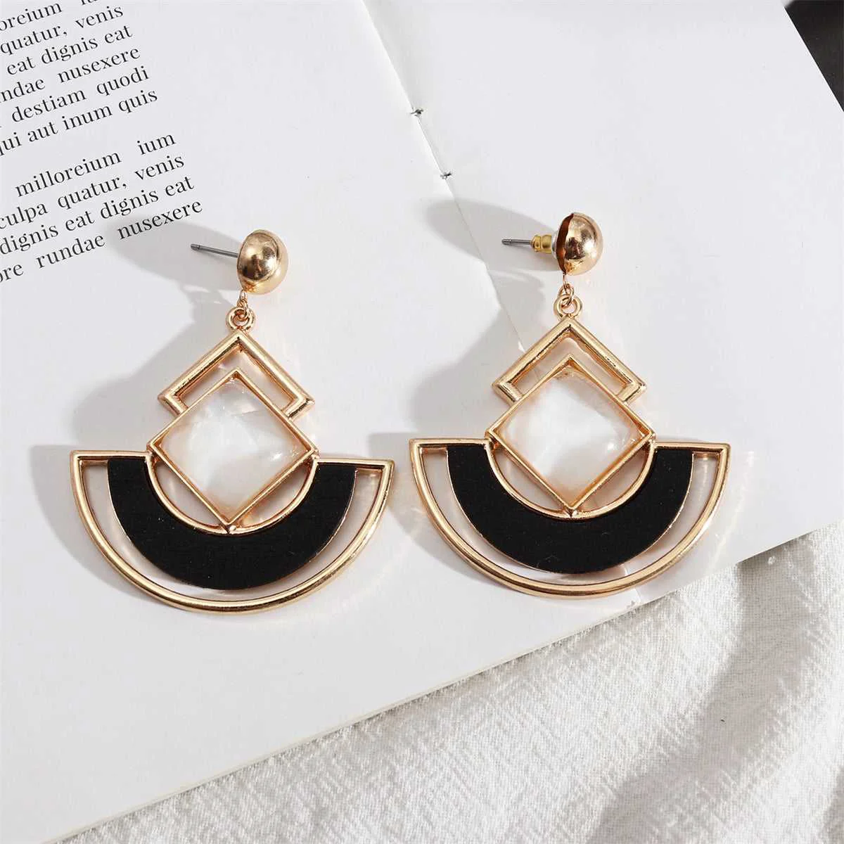 Breathable White Shell Wood Goldtone Rhombus Fan Drop Earrings Carefully Designed