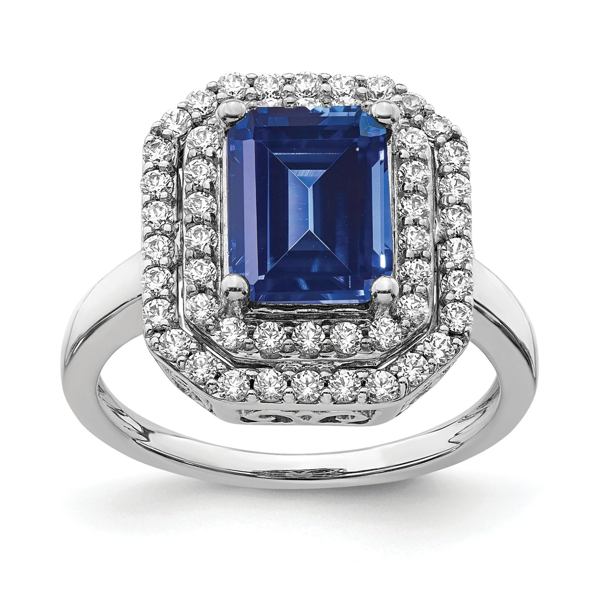 Durable Emerald Cut Lab Created Blue Sapphire and Diamond 14K White Gold Double Halo Ring Prestigious