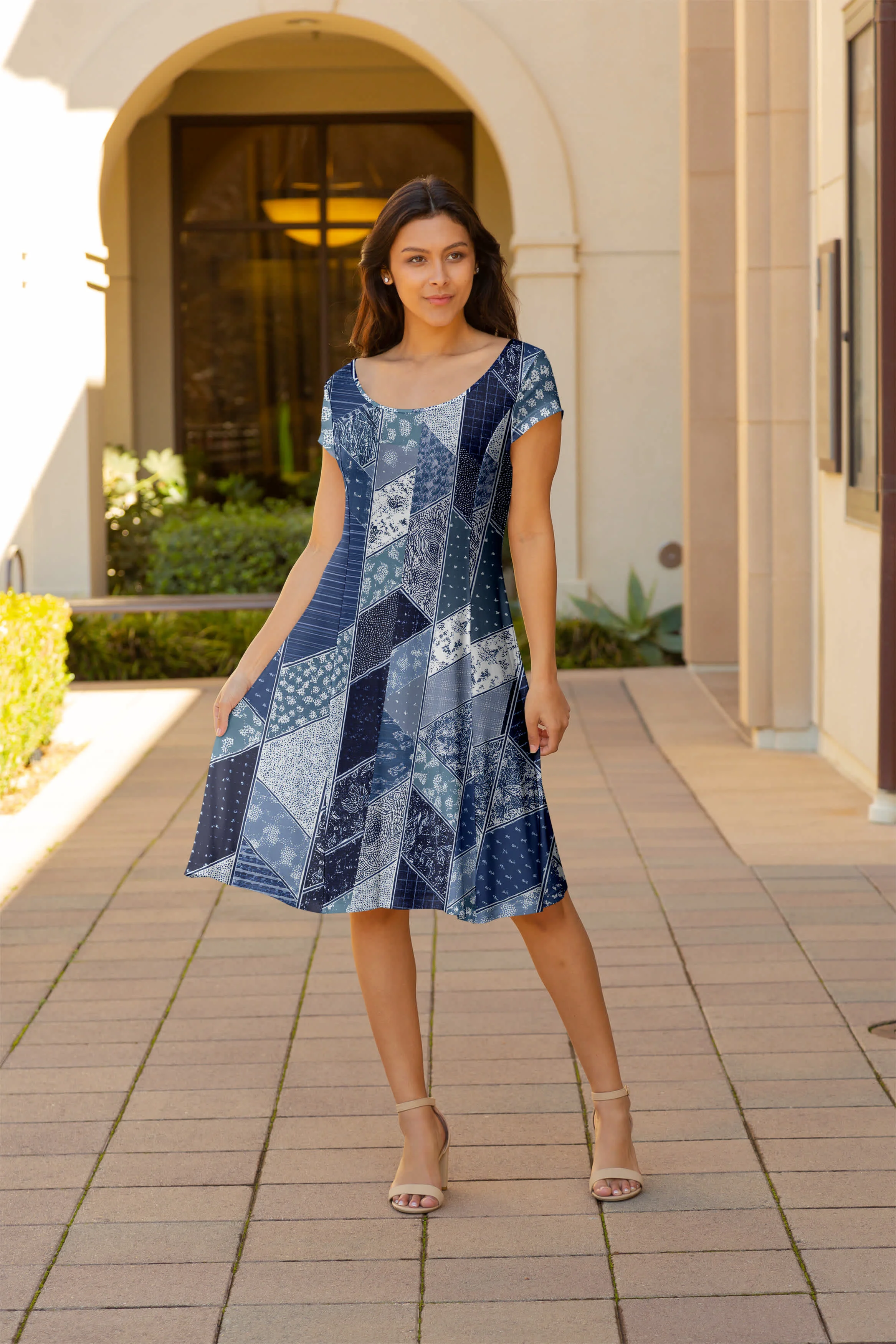 Unique Lily by Firmiana Women's Cap Sleeve Short Dress Blue White Floral Patchwork Traditional