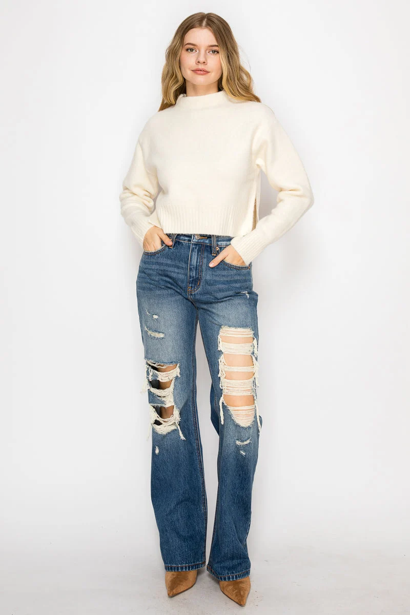 Reusable Hybrid Stretch Ripped Relaced Flare Jeans Authentic
