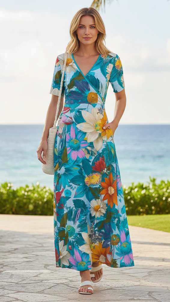 Optimized Lily by Firmiana Women s Short Sleeve Maxi Dress Women s Apparel Light Blue Multicolor Floral Print Responsible