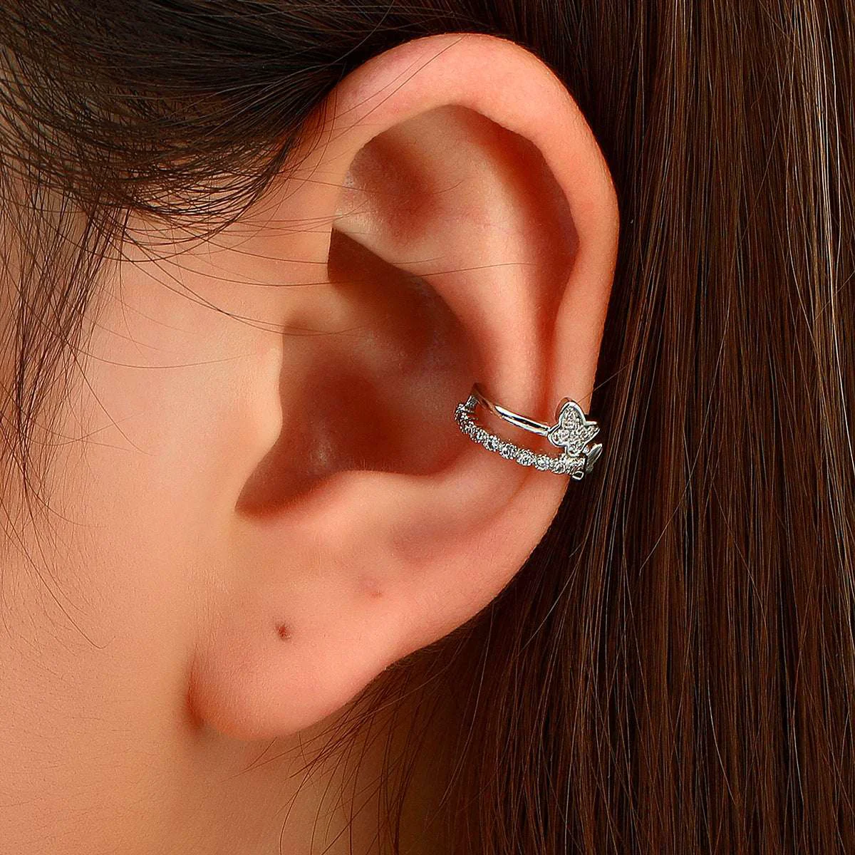 World-Class Cubic Zirconia Silvertone Butterfly Layered Ear Cuffs Minimalist