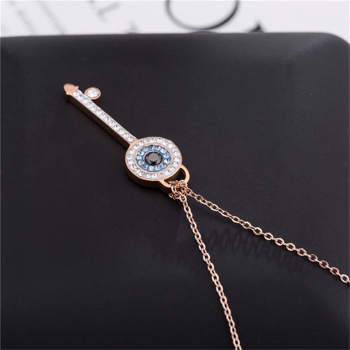 Trendy Cubic Zirconia Rose Goldtone Key Pendant Necklace Natural