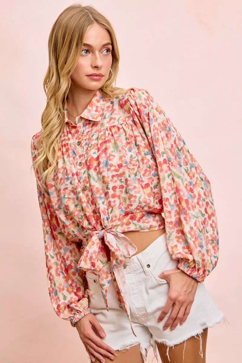 Authentic BiBi Floral Print Tie Hem Detail Crop Shirt Sophisticated