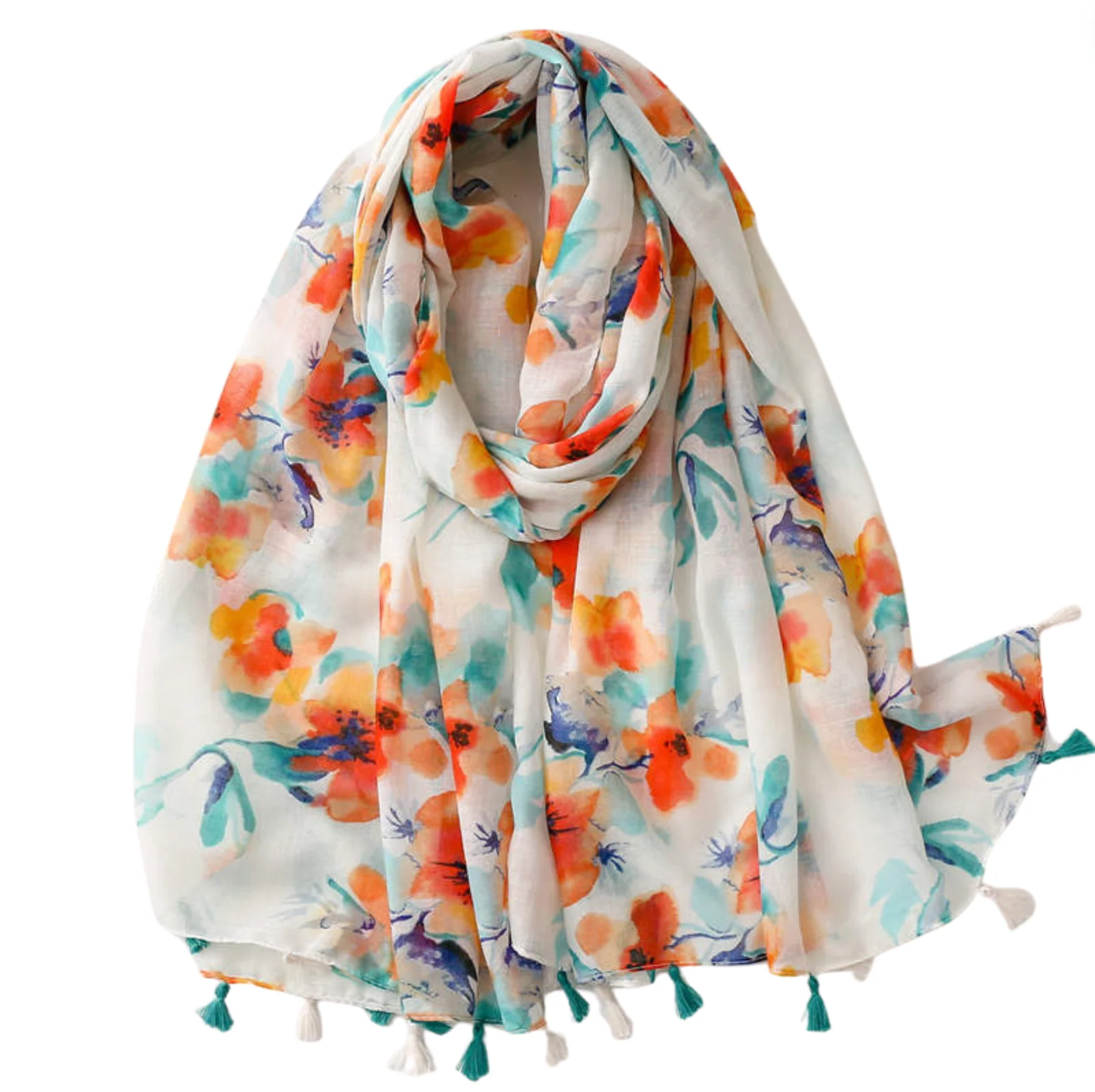 Superior Watercolor Poppy and Floral Scarf with Tassels Responsible