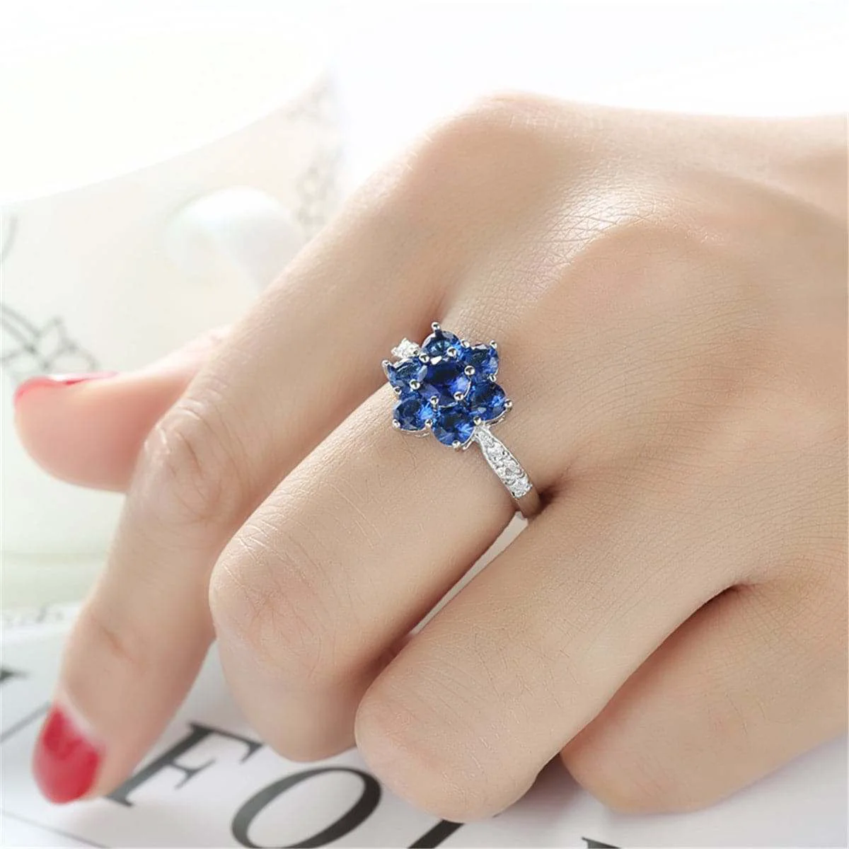 Unique Navy Crystal Cubic Zirconia Flower Ring Luxury