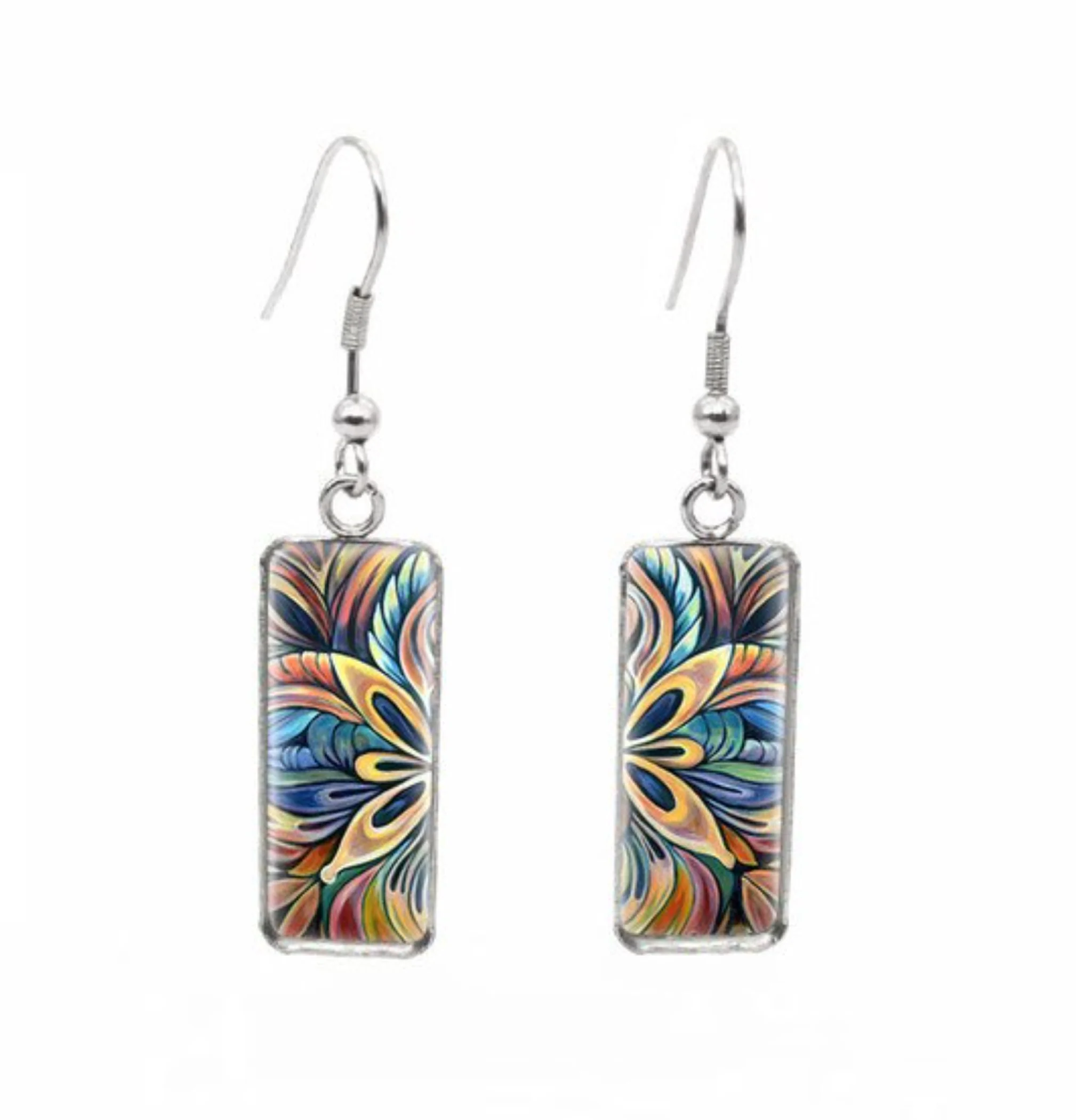 Sustainable Don't AsK Rectangular Art-Print Drop Earrings – Multi Colored – Lightweight Dangle Earrings for Women Stylish