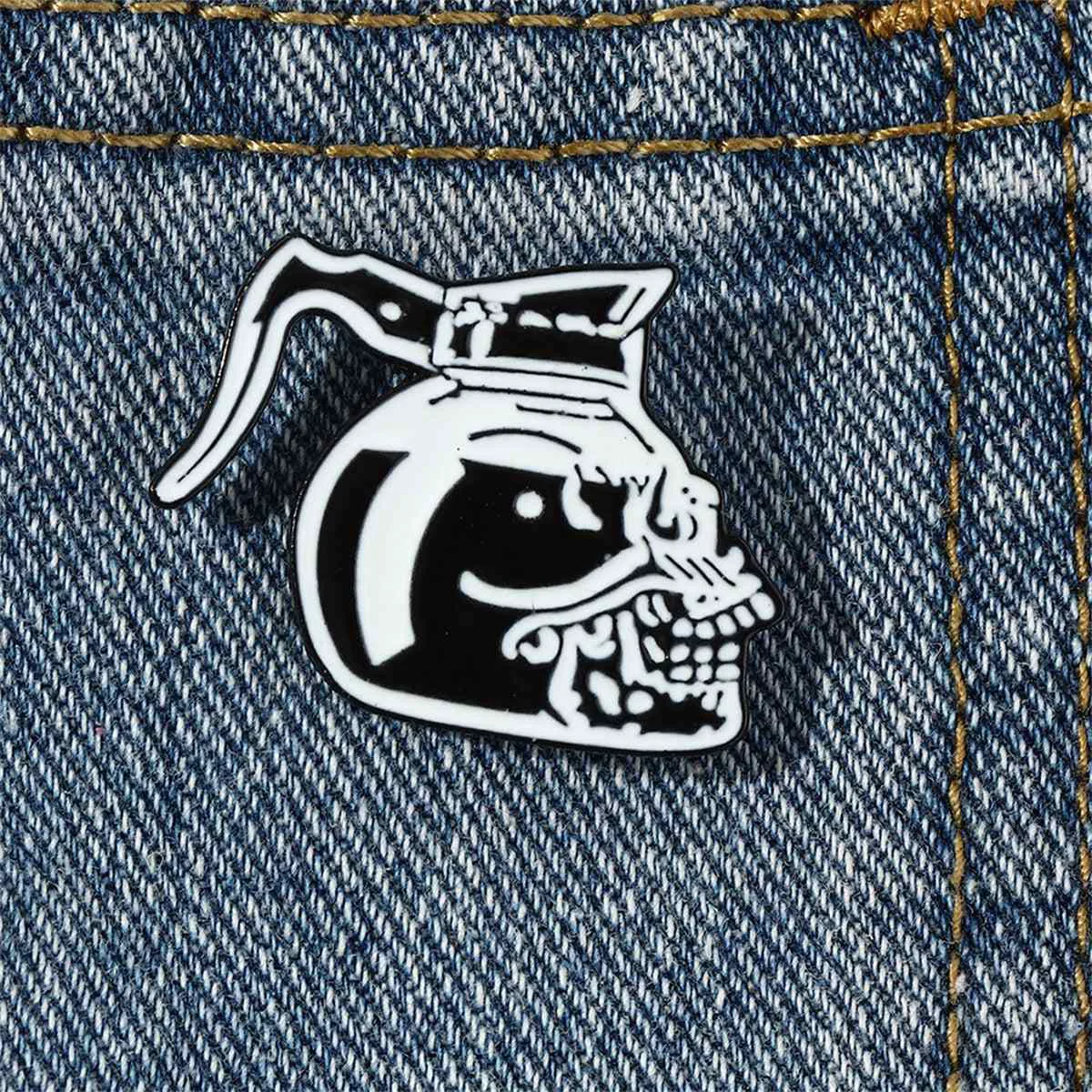Solid Black White Skull Kettle Brooch Premium Material
