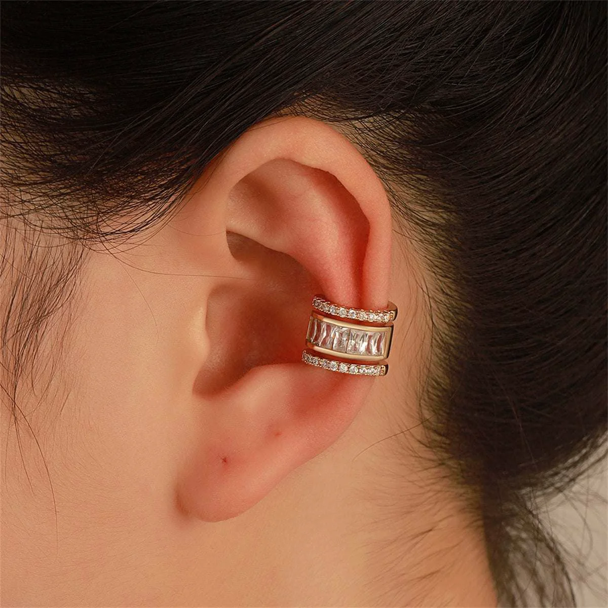 Contemporary Crystal Cubic Zirconia Baguette Layered Ear Cuff Modern