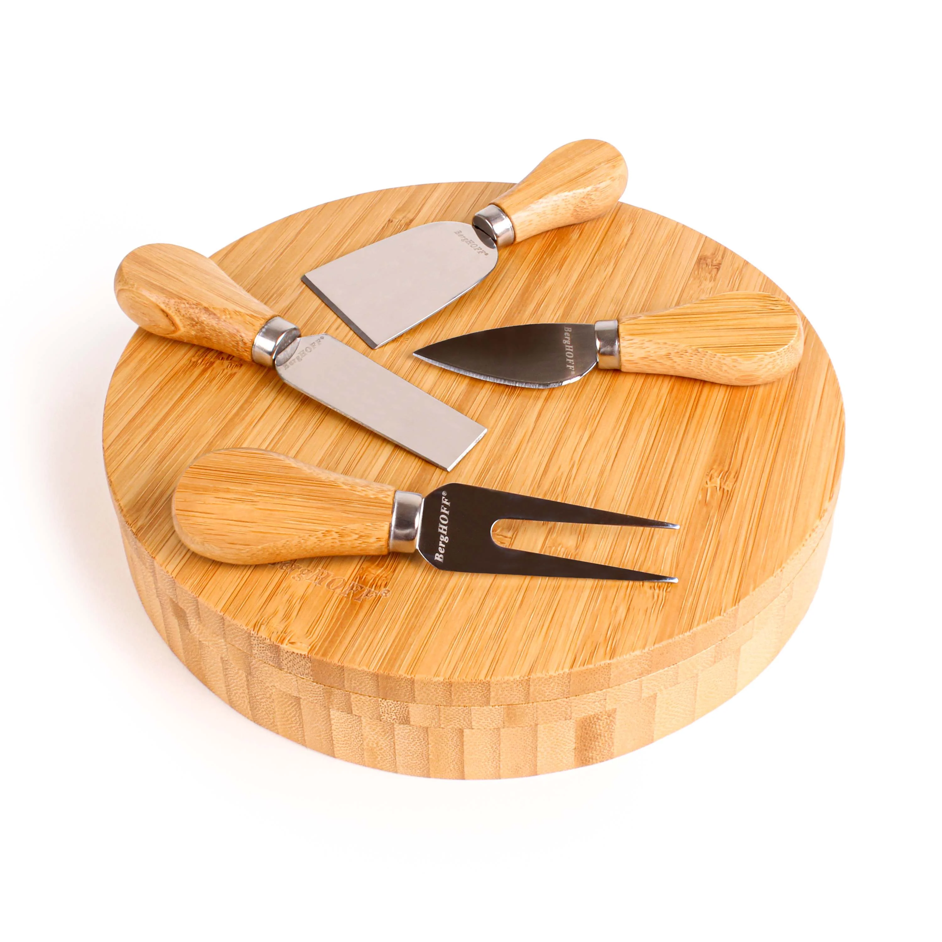 Versatile BergHOFF Stainless Steel 5pc Cheese Knives and Bamboo Round Board Set 8.7x1.5 Clean