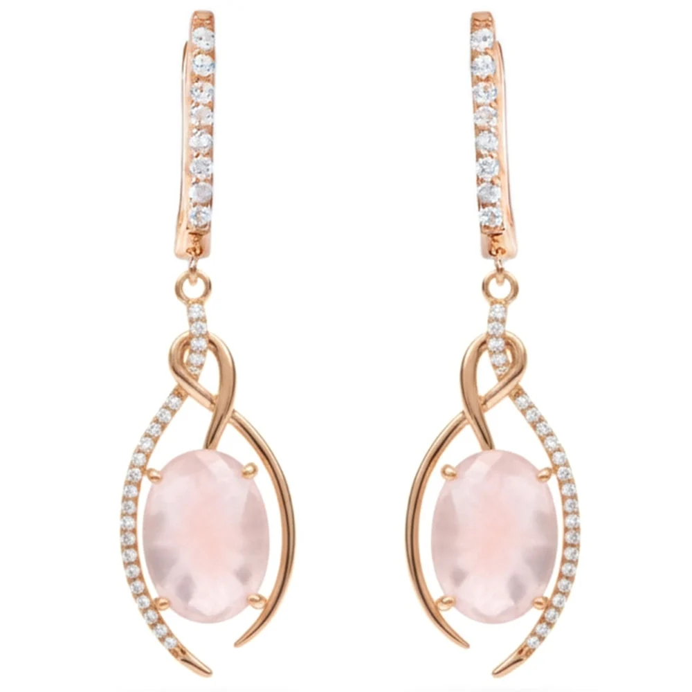 Smooth Natural Rose Quartz Rose Gold Plating Silver Drop Earrings Minimalist