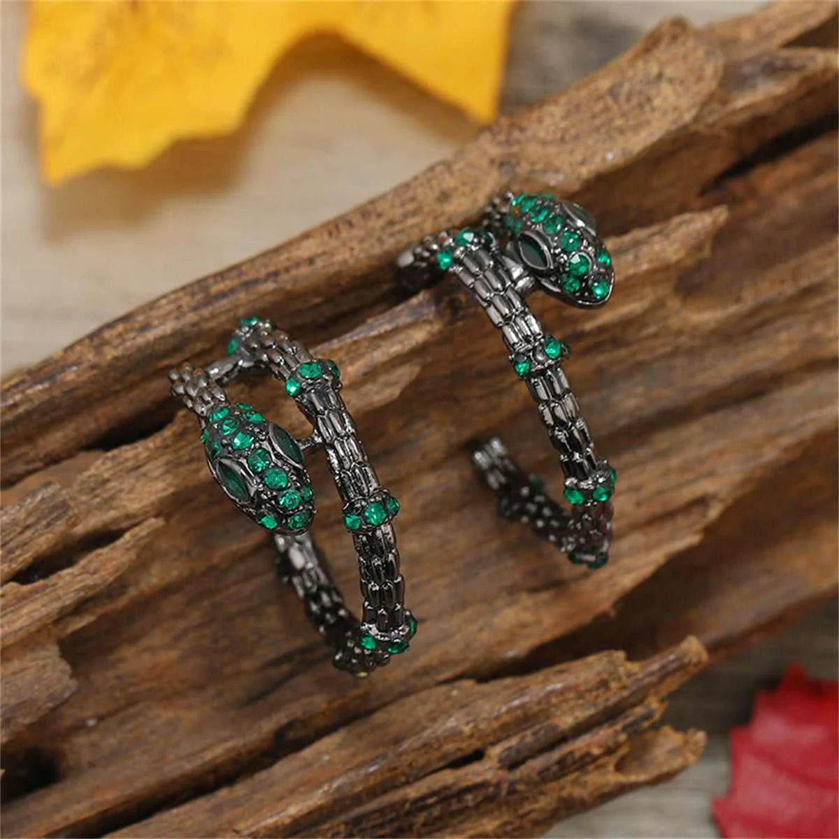 Crafted Green Cubic Zirconia Black-Plated Snake Huggie Earrings High-End