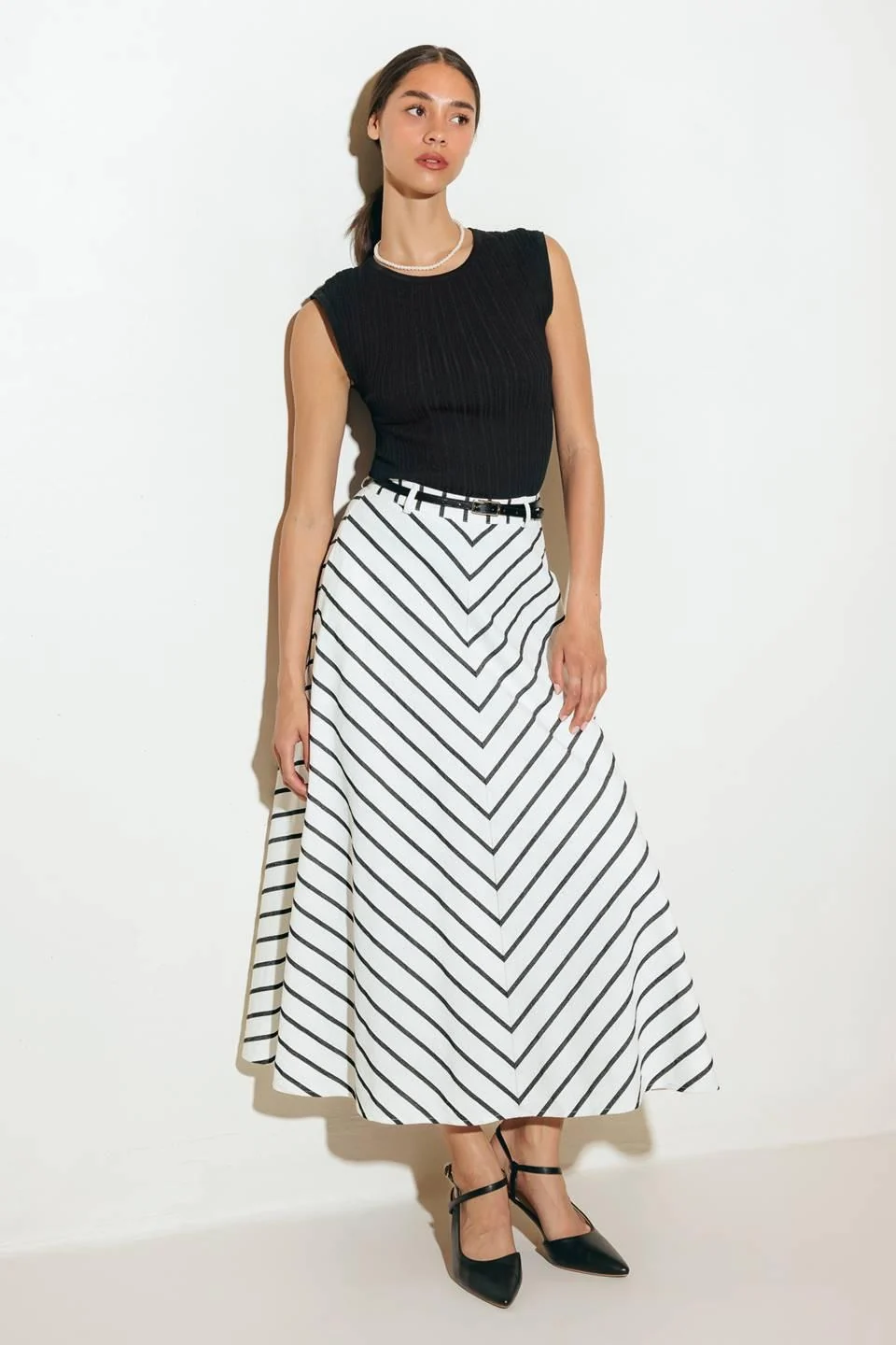 Soft Weekend Vibe Strip Woven Midi Skirt Exclusive