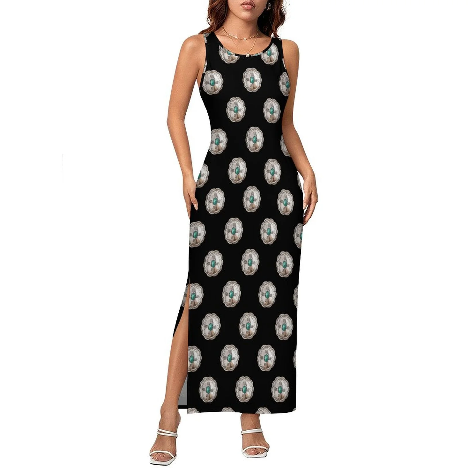 Fast Baha Ranch Silver Concho Slit Maxi Dress Elegant