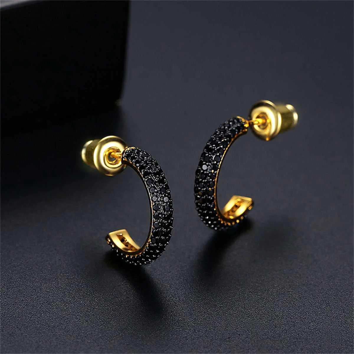 Comfortable Black Cubic Zirconia Goldtone Huggie Earrings Traditional
